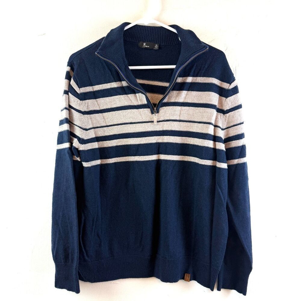 Neve 100% Merino Wool 1/4 Zip Mens Sweater Blue White Winter Preppy Size XL